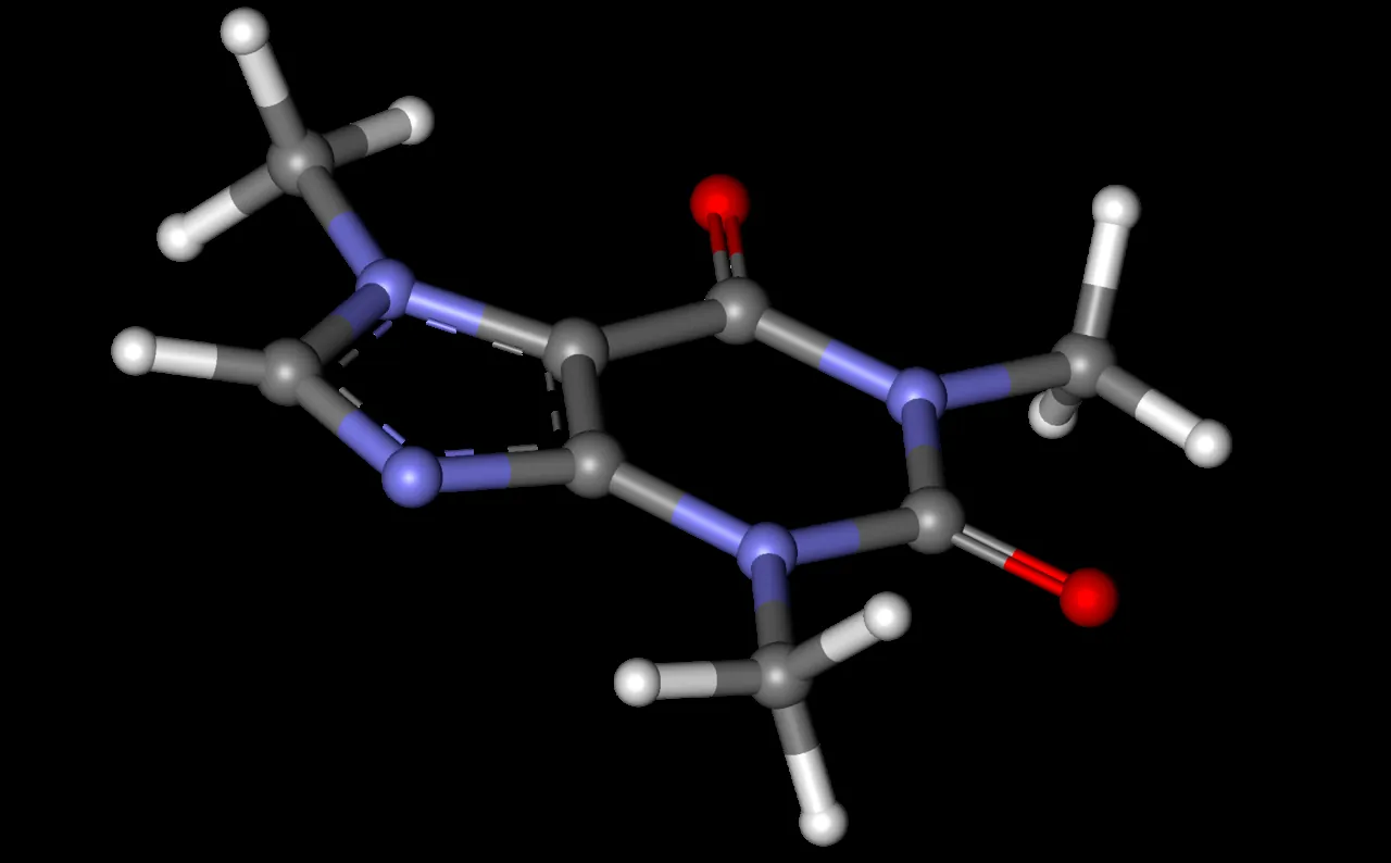 A ball-and-stick model of the caffeine molecule