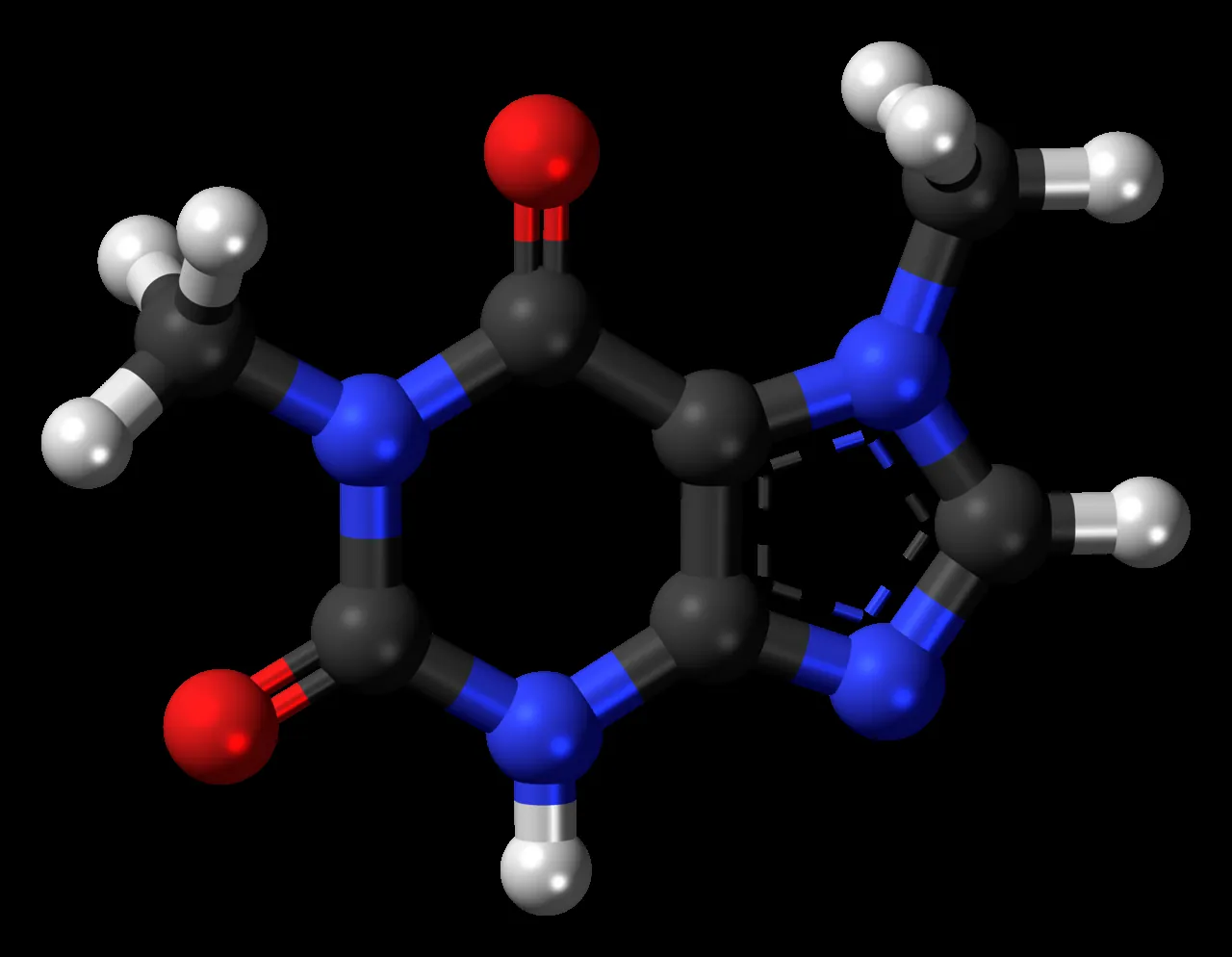 A ball-and-stick model of paraxanthine, the main breakdown product of caffeine