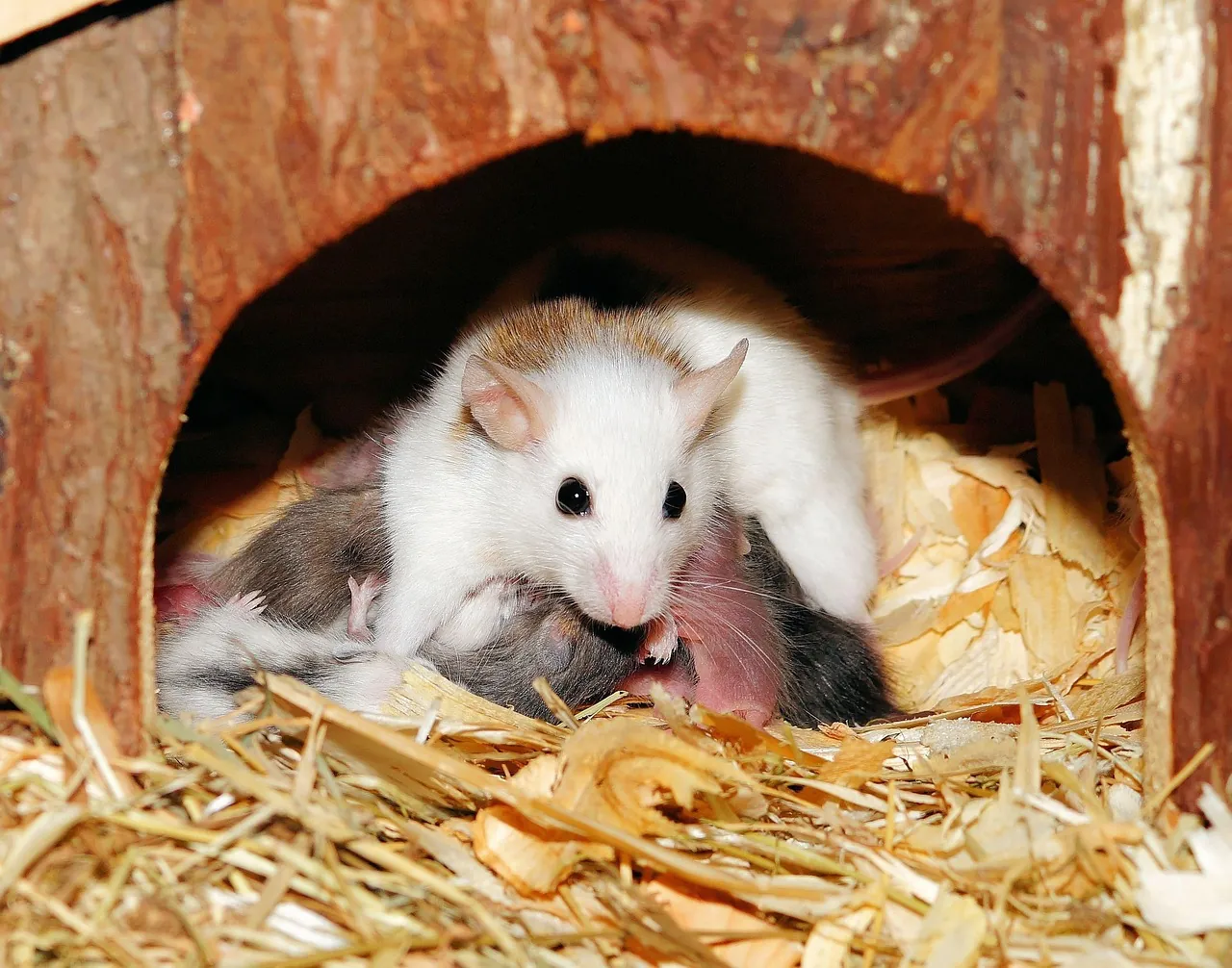 A white mother mouse curled over her nursing babies inside a small wooden house lined with straw