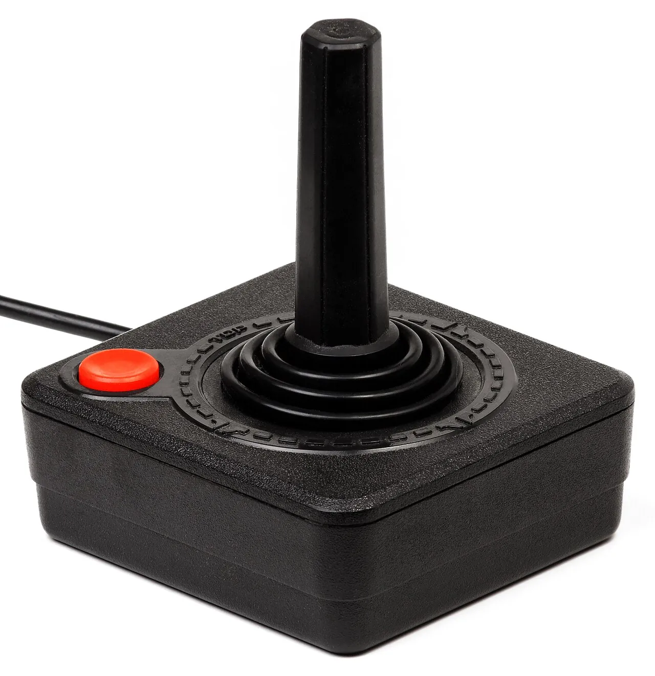 An Atari 2600 joystick with a black stick and a red button