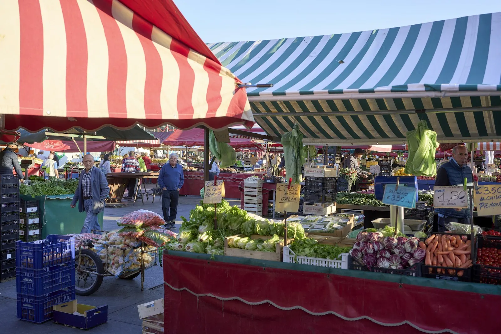 Fruits and vegetables on an outdoor market stall in Turin, Italy
