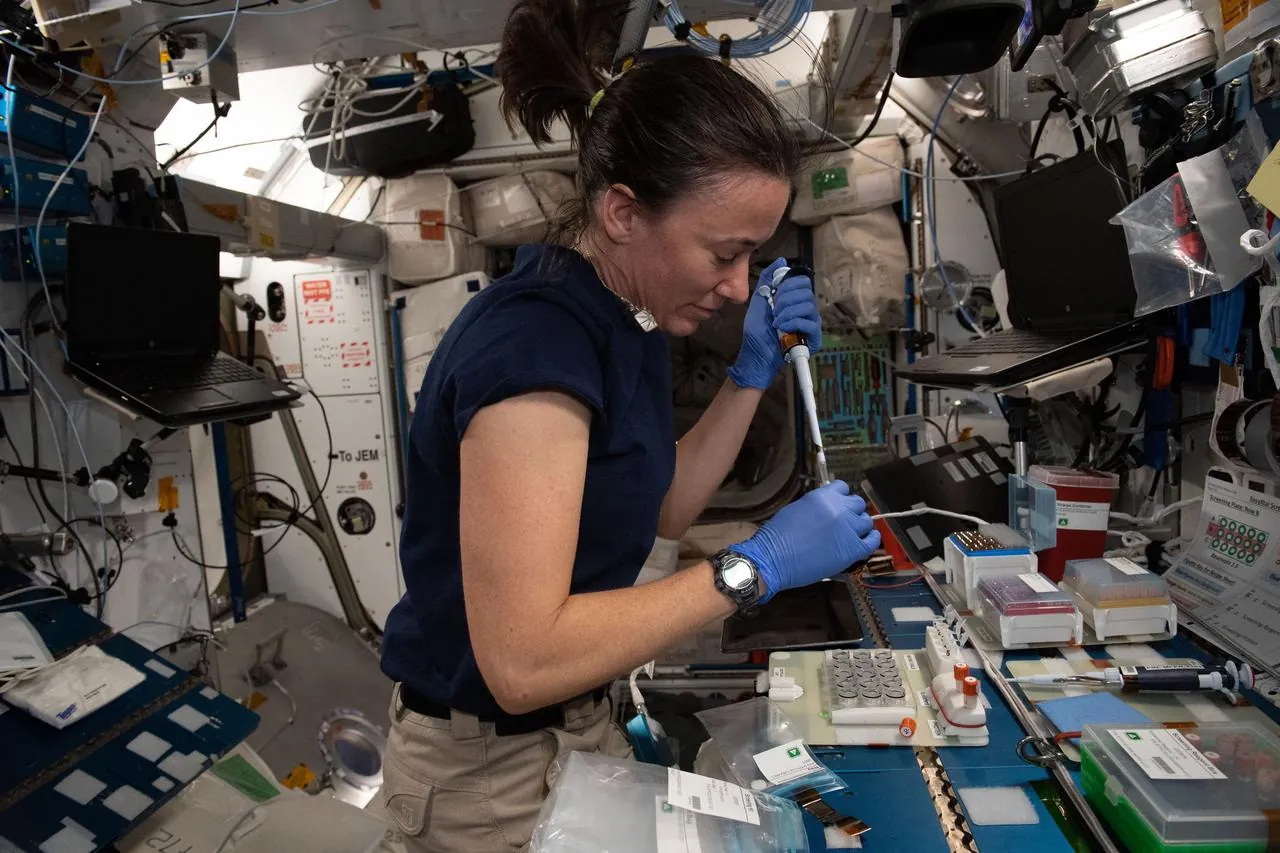 NASA astronaut Megan McArthur loads protein crystal plates on the International Space Station