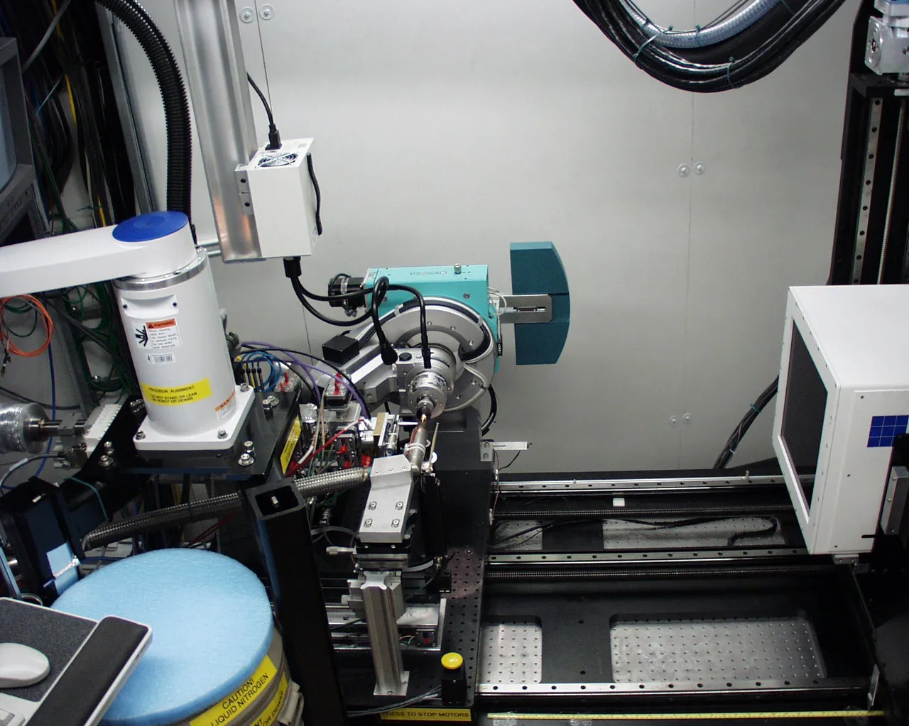 The X-ray station at a synchrotron where scientists study protein crystals, with a robot arm that loads samples