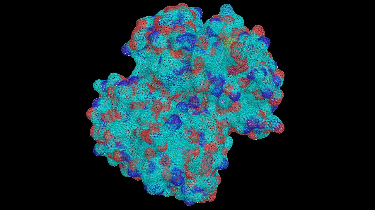 A 3D computer model of the hemoglobin protein, drawn as a dotted surface in blue, teal and red