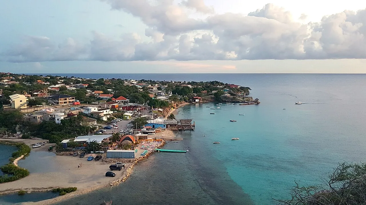 An aerial view of Sint Michiel Bay on the coast of the island of Curaçao
