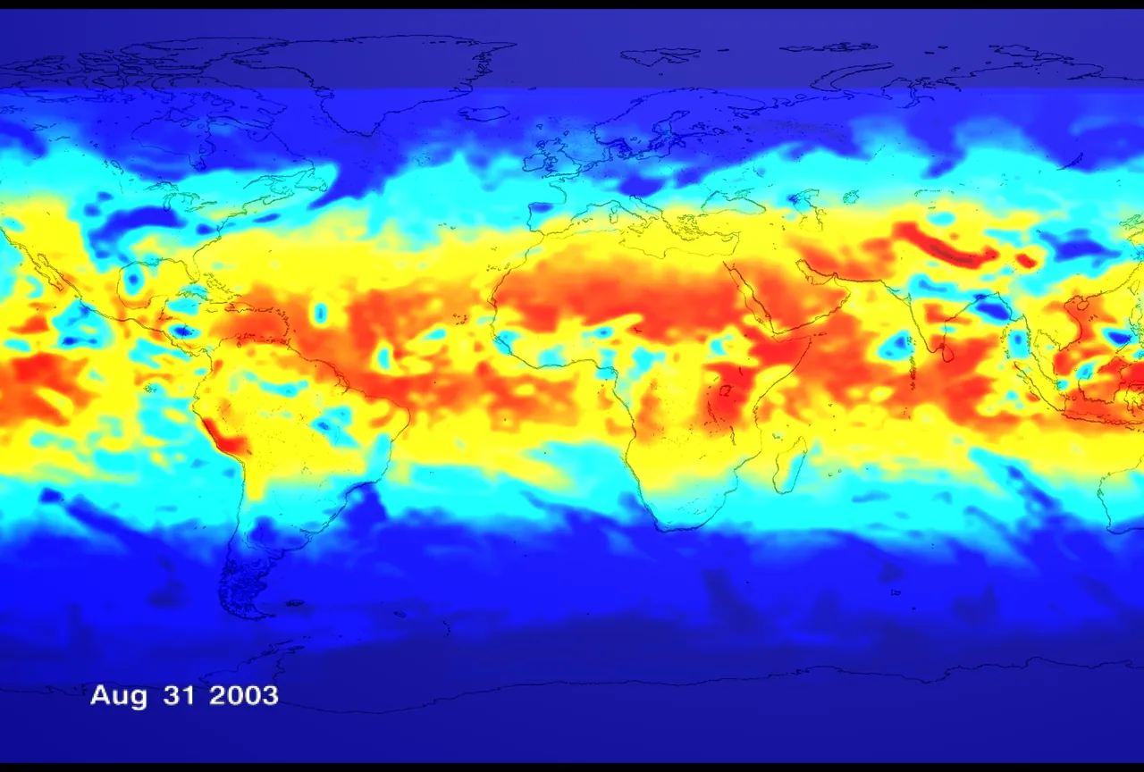 A NASA TOMS satellite map of ultraviolet light reaching the ground in late August