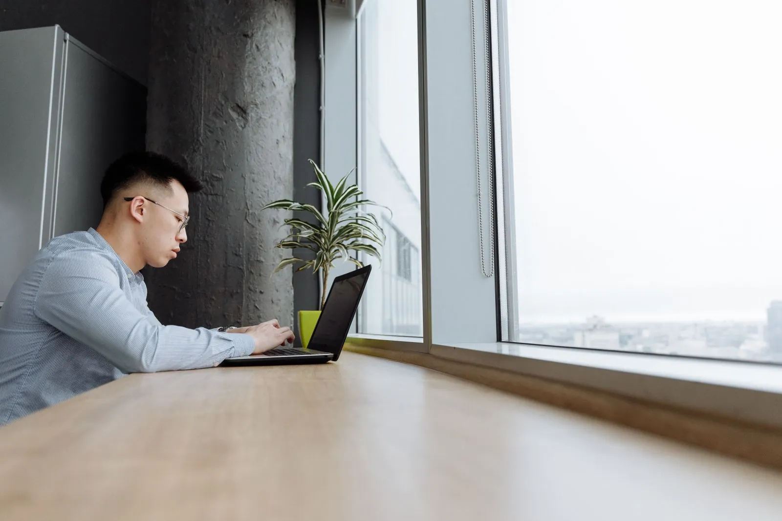 A man working on a laptop in a bright office with large windows