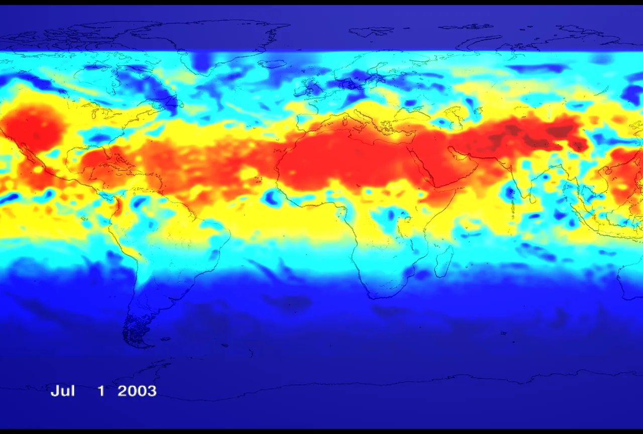 A NASA TOMS satellite map of ultraviolet light reaching the ground in July