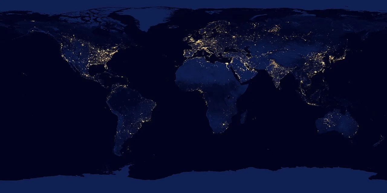Satellite map of the whole Earth at night, with city lights showing where people live