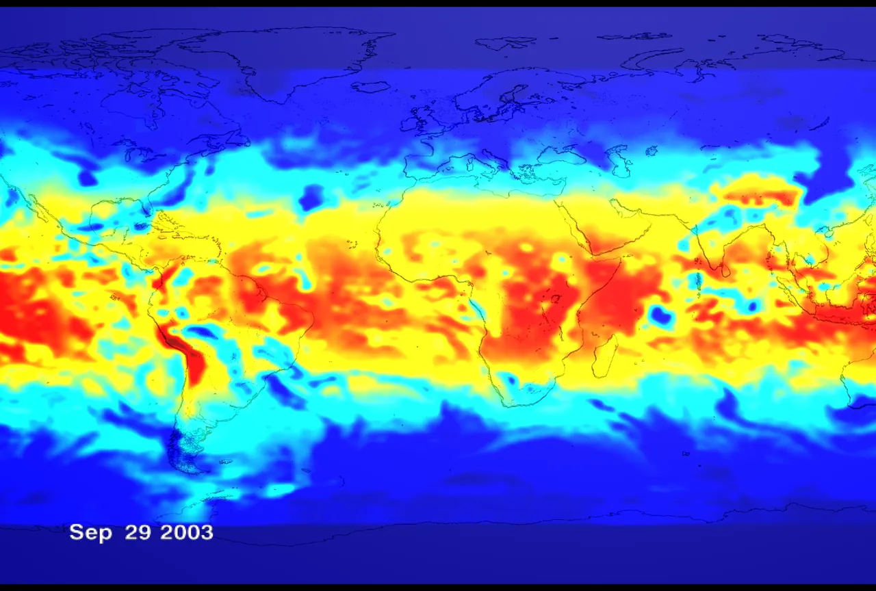 A NASA TOMS satellite map of ultraviolet light reaching the ground, highest near the equator