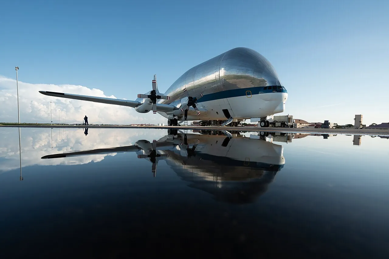 The Super Guppy parked on the flight line at MacDill Air Force Base in Florida during a stop on the way to Kennedy Space Center