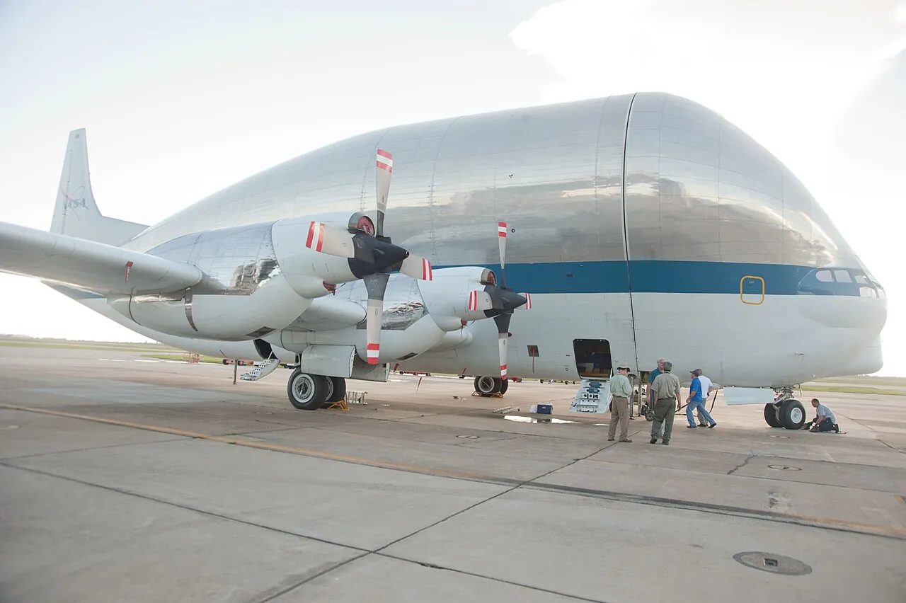 The Super Guppy at Ellington Field in Houston, loaded with parts of a space shuttle trainer