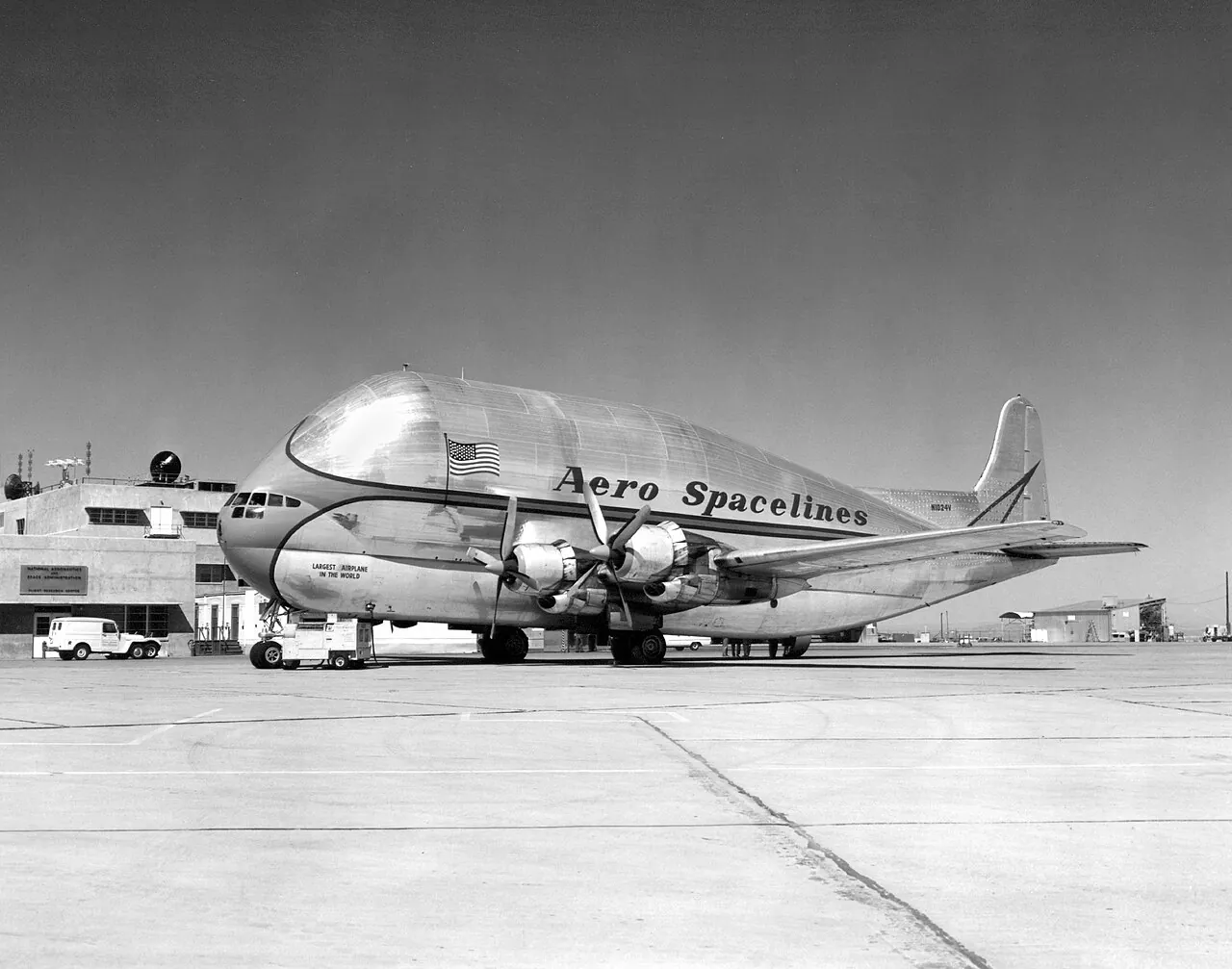 The Pregnant Guppy, the first Guppy plane, at NASA's flight research center in California in 1962