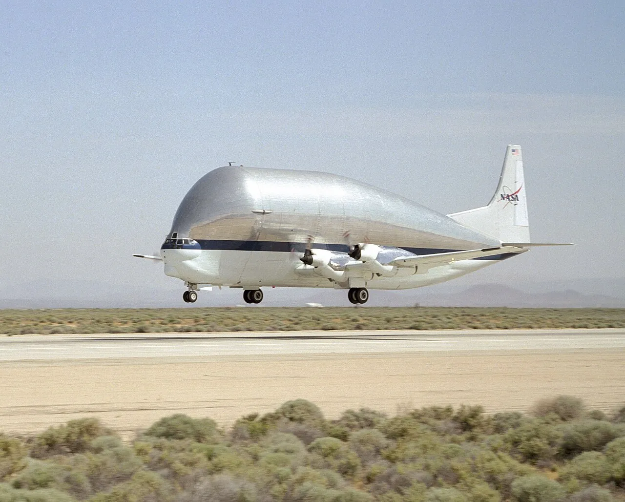 The Super Guppy lifts off the runway at Edwards Air Force Base in California