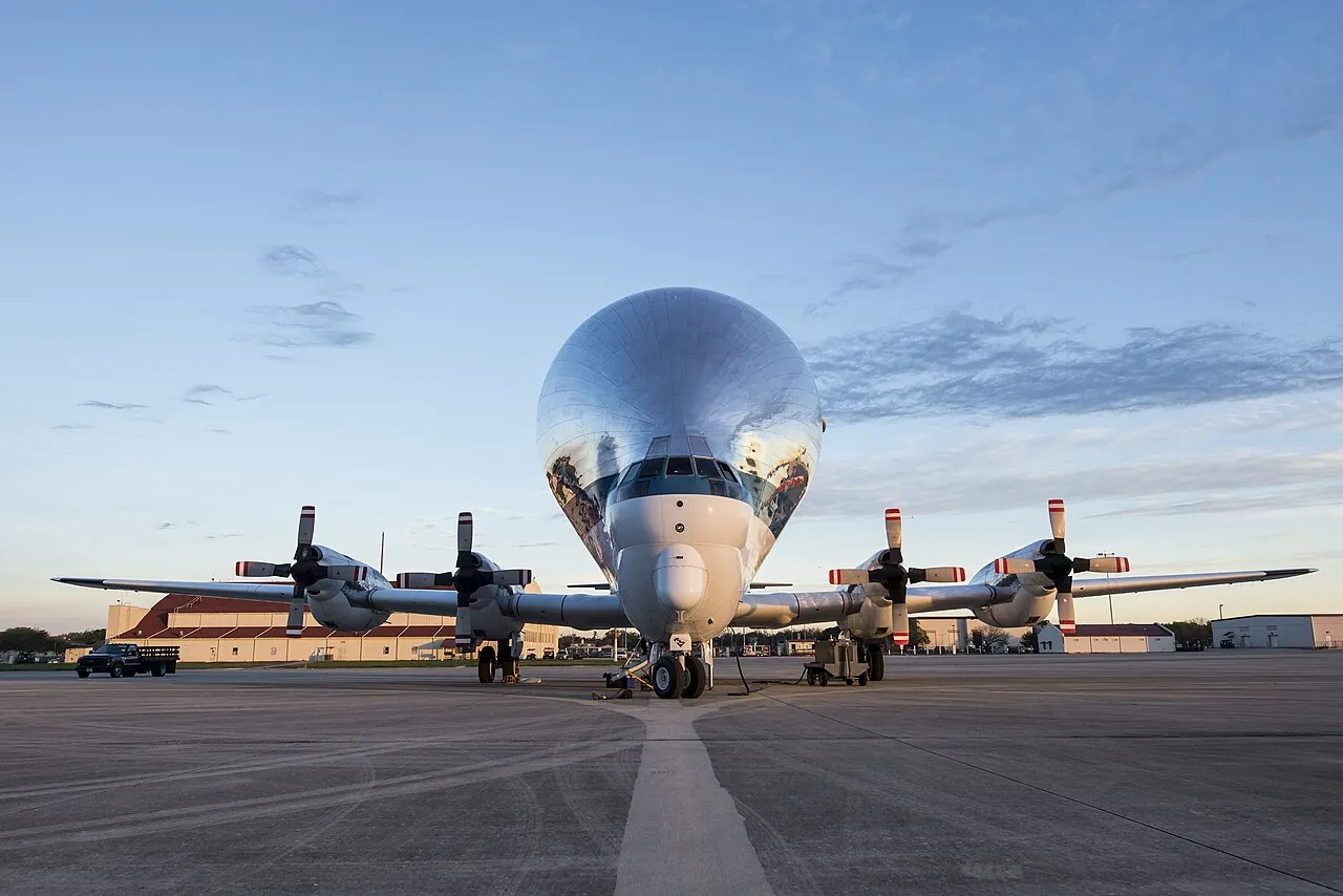 The Super Guppy parked on the flight line at Joint Base San Antonio-Randolph in Texas