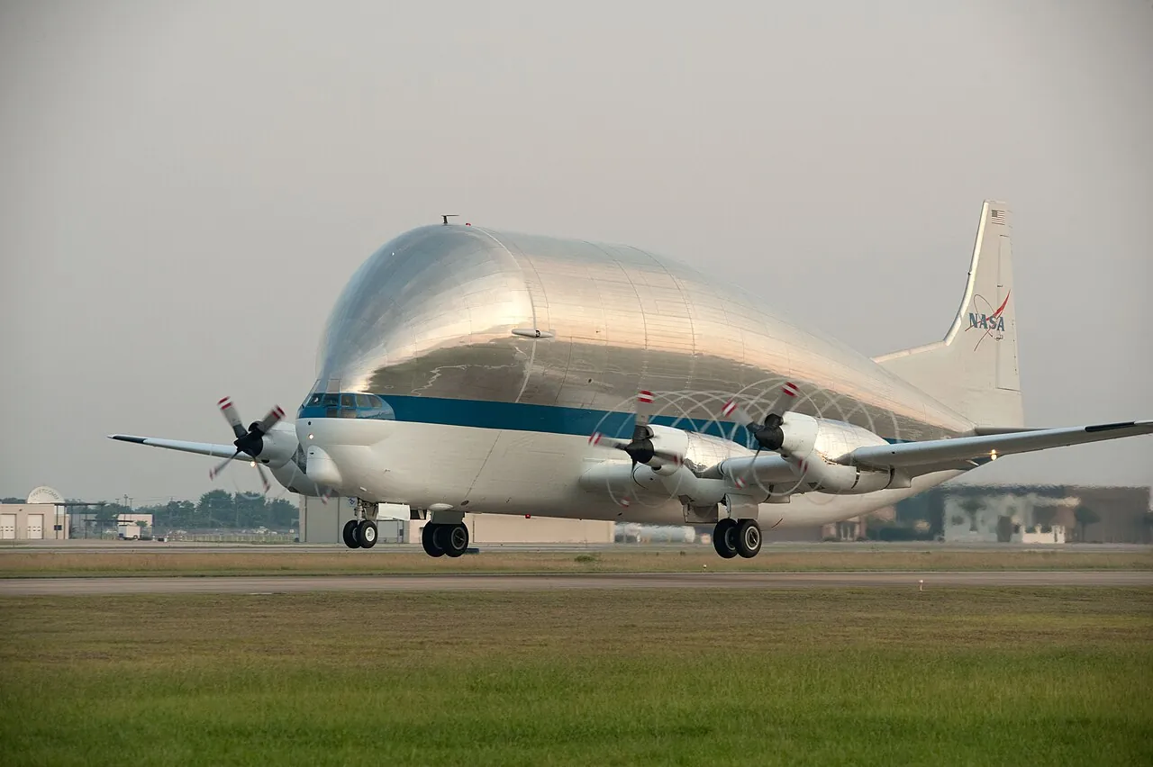 NASA's Super Guppy cargo plane lifts off from Ellington Field in Houston