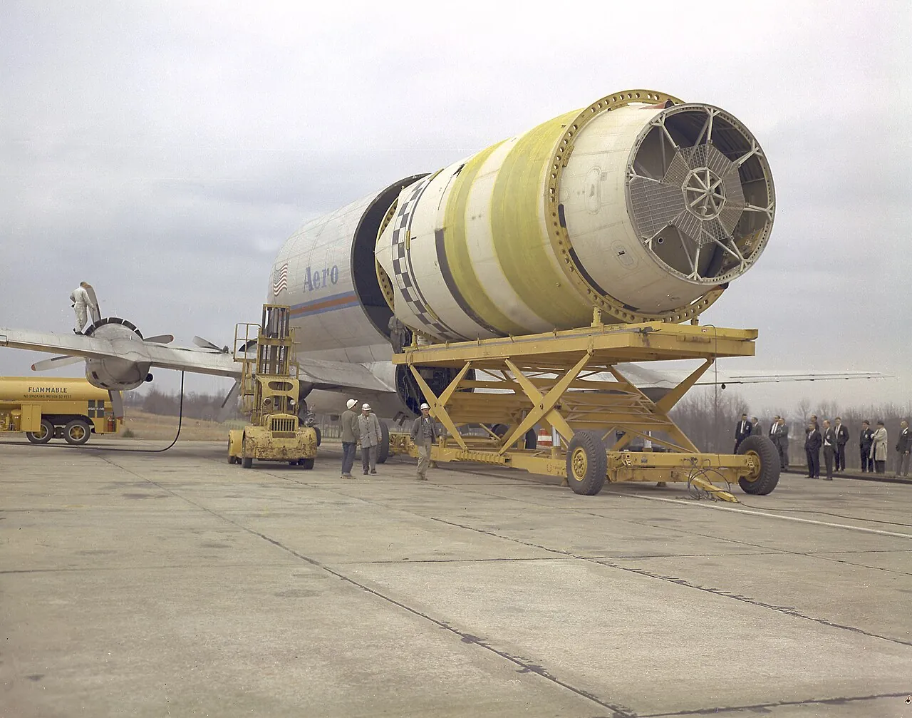A Saturn I rocket stage goes into the Pregnant Guppy, a modified Boeing Stratocruiser, in 1965