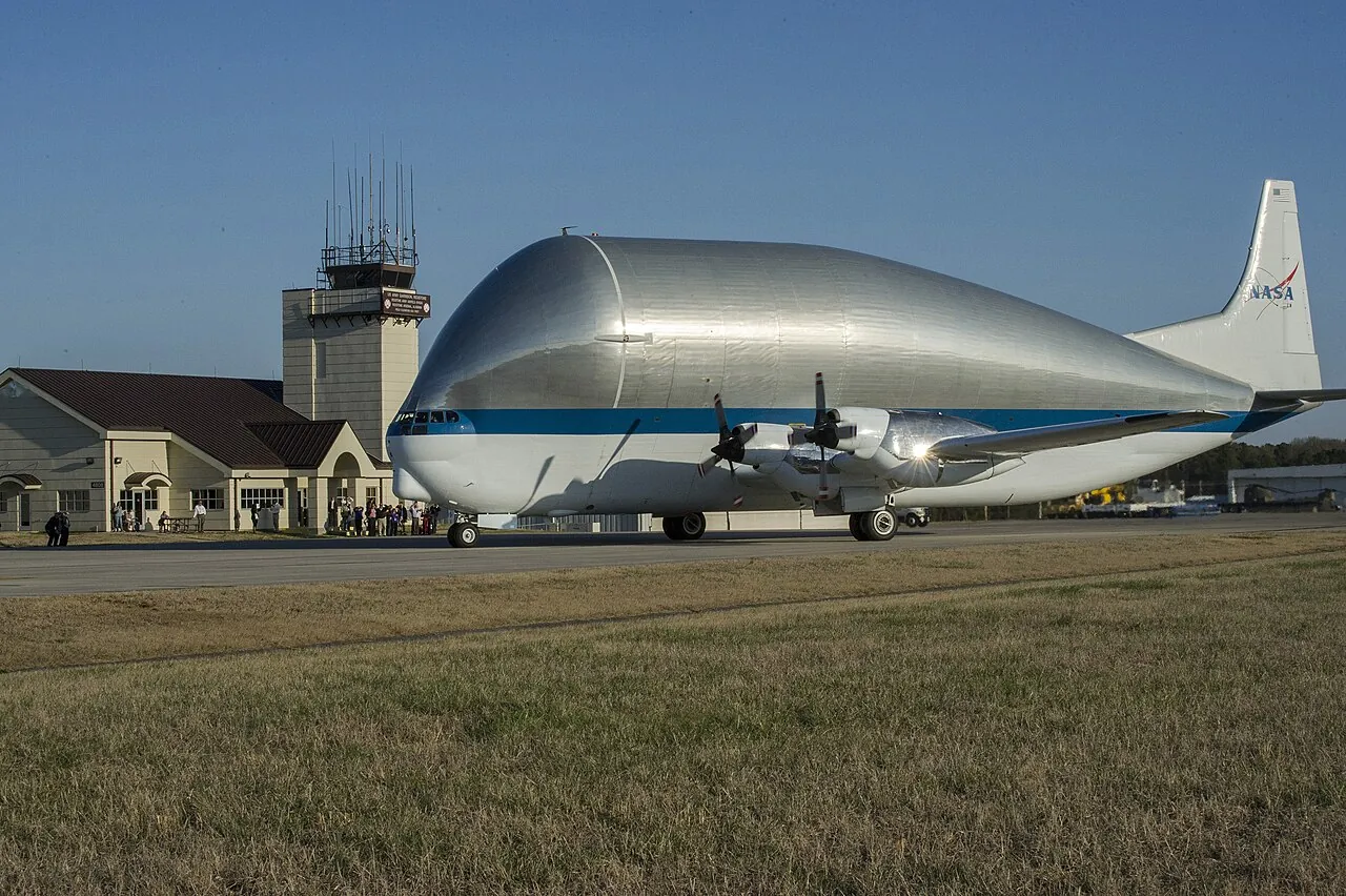 The Super Guppy at Redstone Army Airfield in Alabama after flying in a large composite rocket fuel tank for testing
