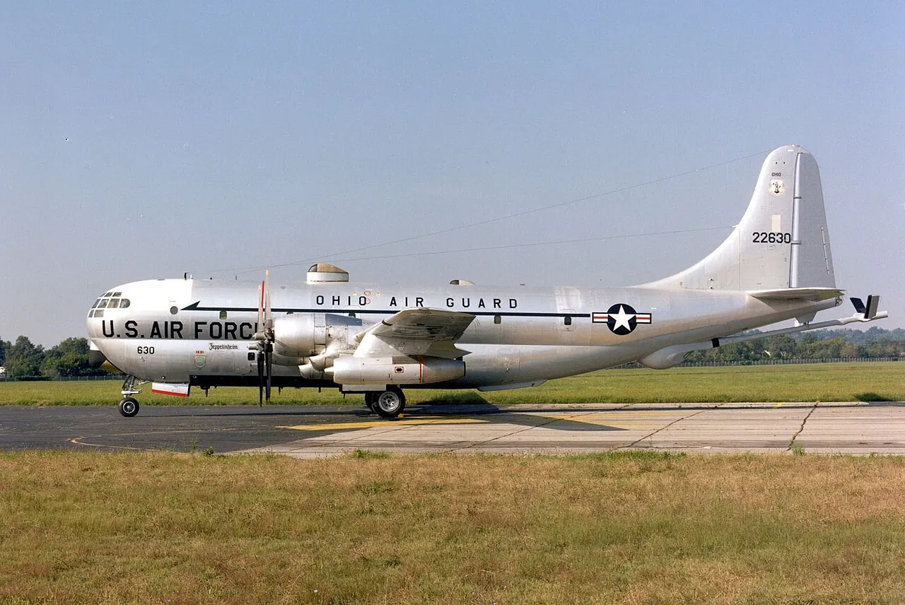 A Boeing KC-97L Stratofreighter, an Air Force tanker plane from the 1950s, on display at the National Museum of the U.S. Air Force