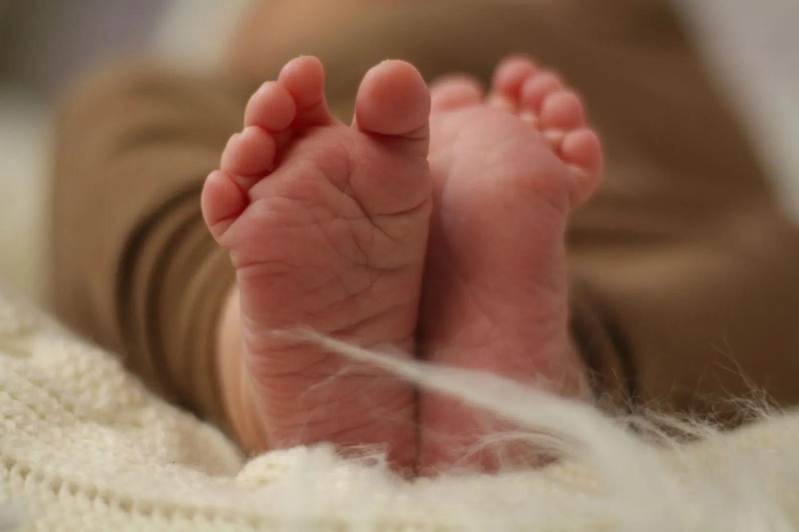 The tiny feet of a newborn baby resting on a soft blanket